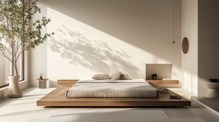 Sleek minimalist bedroom with a wooden low bed, subtle decor, and a cozy reading nook