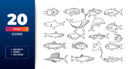 Fish icon set. aquatic animals with various fins, scales, tails and gills swimming in water. vector