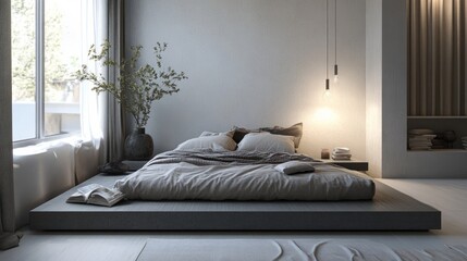 Soft and modern bedroom with a low platform bed, clean aesthetics, and a peaceful reading corner