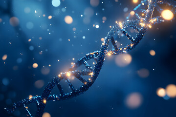 Captivating Image of a Detailed DNA Strand with Sparkling Elements on a Gradient Blue Background, Perfect for Science, Research and Medical Visualizations