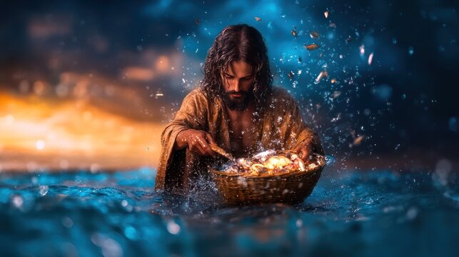 Enthusiastic Fishermen Assisted by Jesus Christ, Son of God, in Capturing Fish for Nourishment in Lakes - Christianity Religion