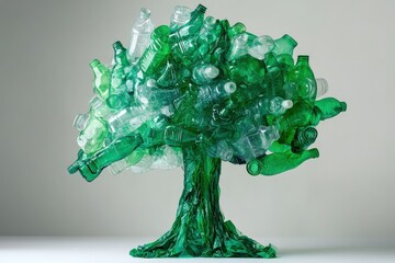Abstract Tree Sculpture Made of Recycled Plastic Bottles in Green and Clear Colors