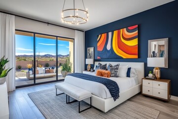 Modern bedroom with large window, king bed, artwork, and patio view.