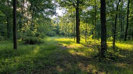 Naklejka premium Sunlit forest path through lush green trees and meadow.