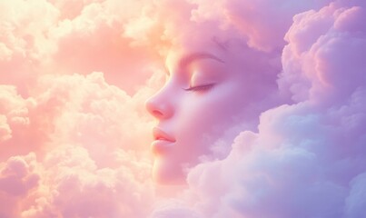 Abstract background with pastel colors, blurry clouds, and an angelic face in the middle, in a dreamy and romantic style, with blurred edges