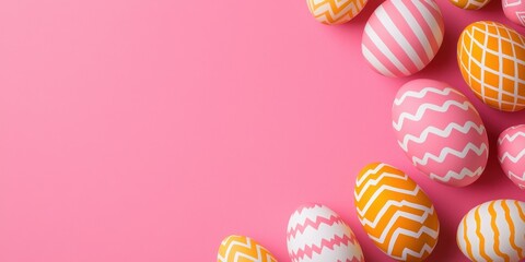 Fototapeta premium Pastel Easter Eggs with Geometric Patterns on Pink Background