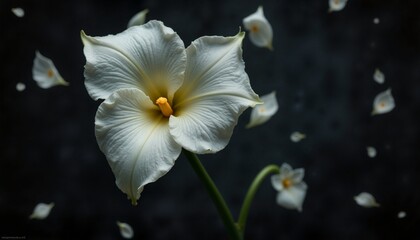 Floating calla lily petals in dark space, evoking mystery