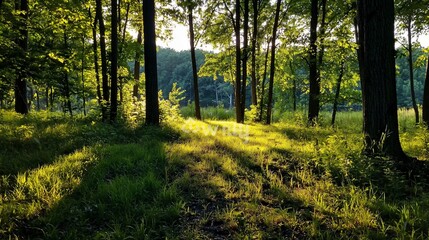 Obraz premium Sunlit forest path, dappled light on green grass.