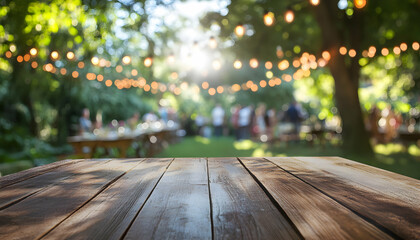 Charming Garden Party Setting with Wooden Table Foreground and Soft Bokeh of Lights and Guests, Perfect for Outdoor Events and Celebrations Backdrop