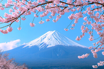 Iconic view of Mount Fuji with cherry blossoms in full bloom, creating a breathtaking spring...