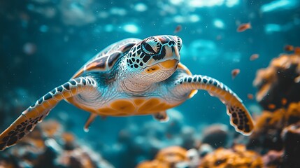 Obraz premium Realistic image of a sea turtle gliding through the deep ocean, surrounded by vibrant coral formations and small fish