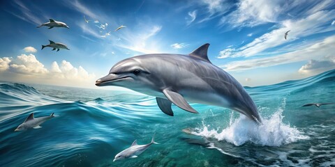 Naklejka premium A grey dolphin swimming alone in a vast ocean blue background with waves and seagulls , marine life, blue, marine life, blue