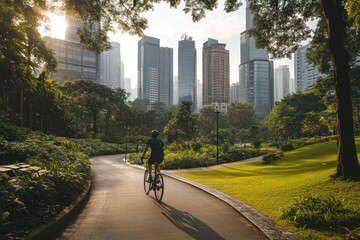 A cyclist riding through an urban park surrounded by towering buildings and pathways