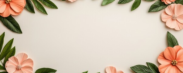 Fototapeta premium Peach Paper Flowers and Green Leaves Frame on Beige Background