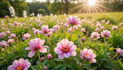 Wild pink peonies swaying in sunlight, natural beauty