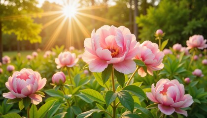 Obraz premium Dreamy pink peonies illuminated by golden sunlight, nature's beauty