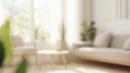 Blurred background of serene scandinavian living room featuring light wooden furniture, soft accents, and lush greenery, creating a cozy and inviting atmosphere. AI Generated Images