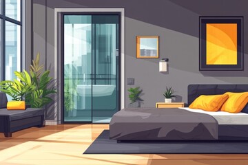 Modern bedroom with large window, sliding glass door to balcony, and ensuite bathroom.