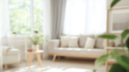 Blurred background of serene scandinavian living room featuring light wooden furniture, soft accents, and lush greenery, creating a cozy and inviting atmosphere. AI Generated Images