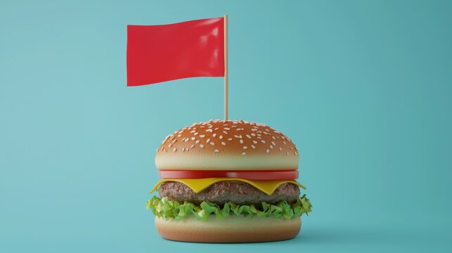 Delicious burger with a red flag on a blue background. Concept of fast food, unhealthy eating, and celebration.
