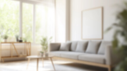 Blurred view of light living room with sofa and soft bench. AI Generated Images