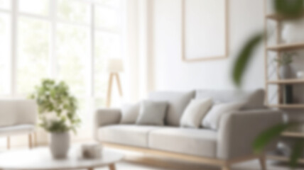 Blurred view of light living room with sofa and soft bench. AI Generated Images