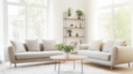 Blurred background of serene scandinavian living room featuring light wooden furniture, soft accents, and lush greenery, creating a cozy and inviting atmosphere. AI Generated Images