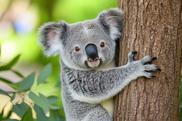 Fototapeta premium Adorable koala clinging to a tree trunk in a vibrant green forest setting