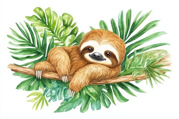 Obraz premium Adorable Sloth Relaxing on a Tropical Branch Surrounded by Lush Greenery