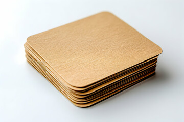 Close-up Image of Stacked Rectangular Kraft Paper with Rounded Corners, Ideal for Mockups and Displaying Branding or Design Elements, on White Background