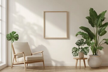 minimalist room with white walls, wooden floors, and plants on the floor. There is an empty frame mockup hanging above a beige armchair