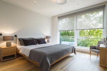 Fototapeta premium Modern bedroom with large windows, grey bedding, and wooden floors.