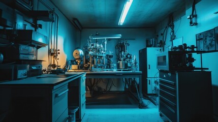 Blue-lit Laboratory: A glimpse into a high-tech research facility, showcasing advanced scientific equipment and a sterile environment.