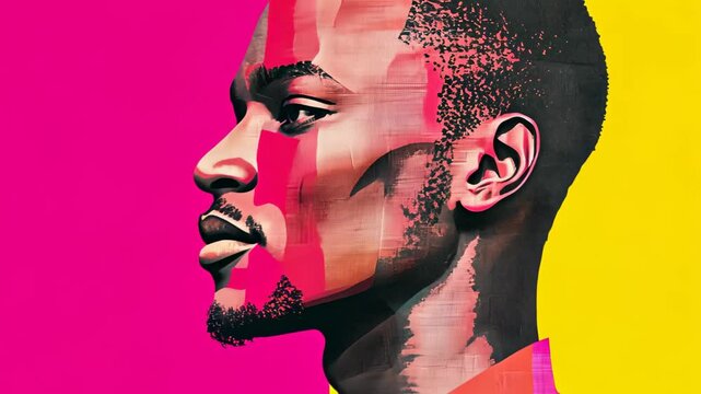 Vibrant Paper Collage Portrait of Young African Man in Striking Pink and Yellow Palette with Modern Artistic Style and Expressive Design for Creative Visuals in Contemporary Settings