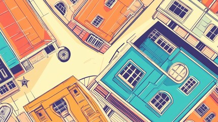 Aerial View of Colorful Rooftops and Streets in a Vibrant Urban Neighborhood