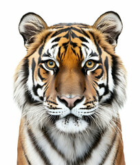 Fototapeta premium Close-up portrait of a majestic bengal tiger, showcasing its striking orange fur, black stripes, and piercing yellow eyes against a pristine white backdrop