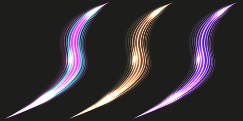 Set of colored Motion Speed Effect isolated black background. Collection of vector Motion dynamic elements. 