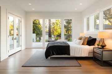 Fototapeta premium Modern bedroom with large windows, hardwood floors, and a gray rug.