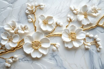 Golden and white floral 3D design on a soft white marbled background, combining opulence and minimalism.