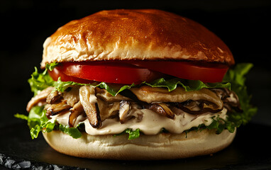 Close-up Shot of a Mouthwatering Gourmet Burger with Saut,ed Mushrooms, Fresh Tomato Slices and Crisp Lettuce on a Dark Background Perfect for Culinary Presentations