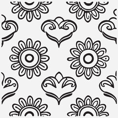 Seamless floral pattern with one line flowers. Vector hand drawn illustration.
