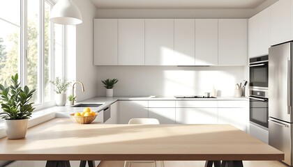 Modern Kitchen Interior with White Cabinets, Wooden Table, and Natural Light