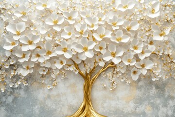 Golden tree of life mural with exquisite white flowers rendered in high-quality 3D on a minimalistic background.