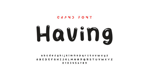 Children's bright cartoon font. ABC letters and numbers are painted creatively. Bright shiny alphabet. Cut out of paper. For birthday cards, banners, and posters. Vector