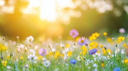 Fototapeta premium A vibrant field of blooming wildflowers under the golden morning sunlight, sprint flower