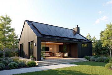 A Modern Sustainable house with sleek solar panels integrated into a flat roof, framed by minimalist landscaping.