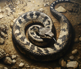 Coiled Serpent, A Detailed Study of Scales and Textures in Natural Habitat, showcasing the reptile's intricate beauty and the earthy tones of its surroundings