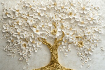 High-quality 3D mural wallpaper with a golden tree of life surrounded by blooming white flowers in a serene setting.