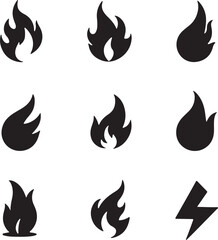 Create a fire icon set vector art silhouette with white background.