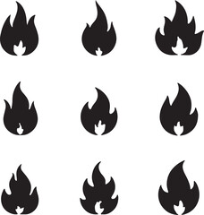 Create a fire icon set vector art silhouette with white background.